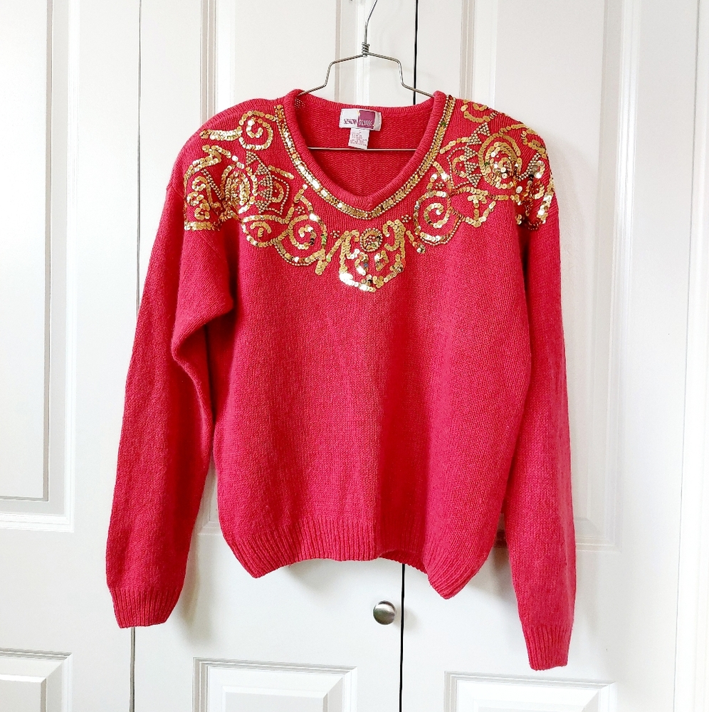 Vintage Sequin & Beaded Light Red Silk & Angora‎ Sweater Large Sheridan Square - Picture 2 of 7